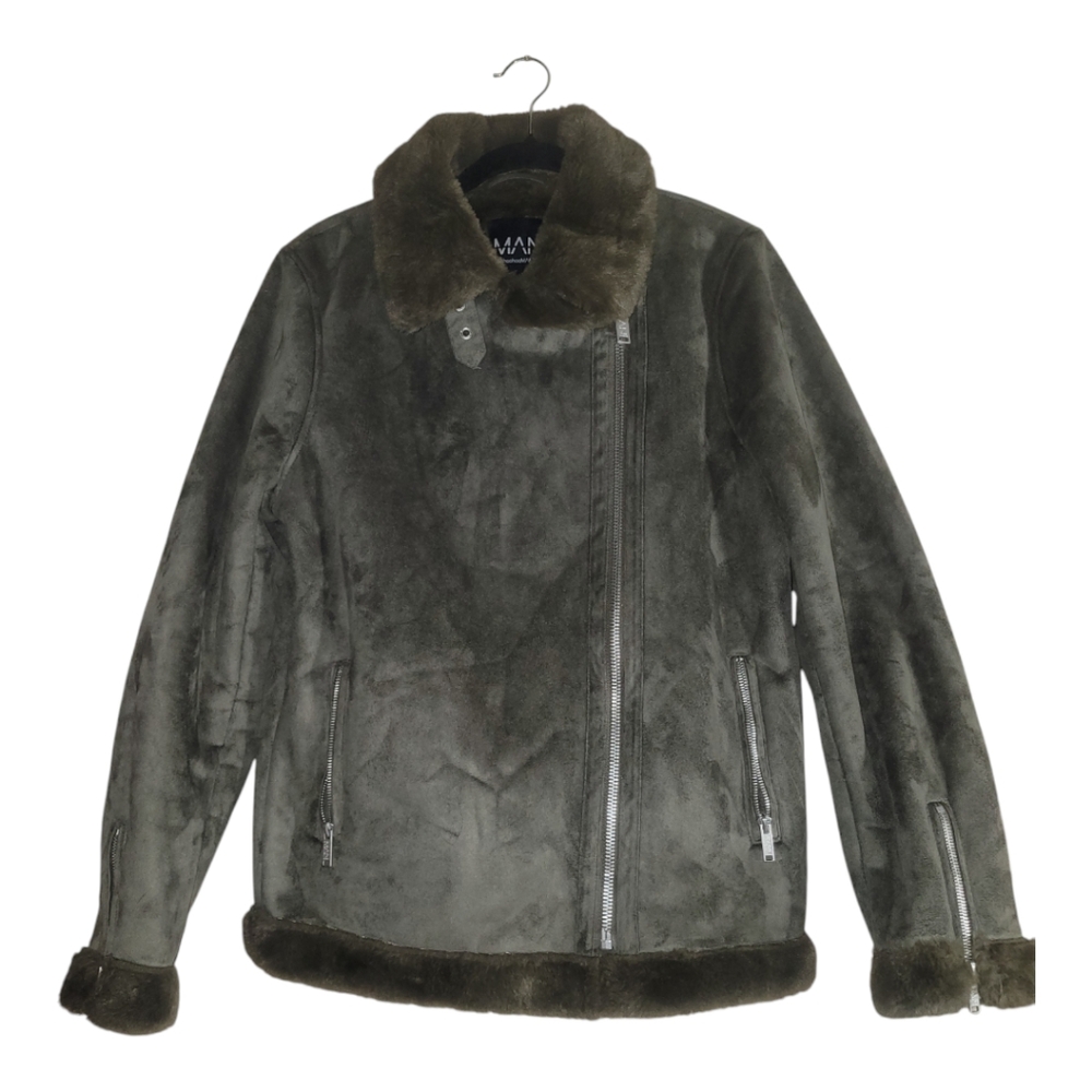 BoohooMan Faux Fur Lined Suede Aviator Jacket Men's Size Small